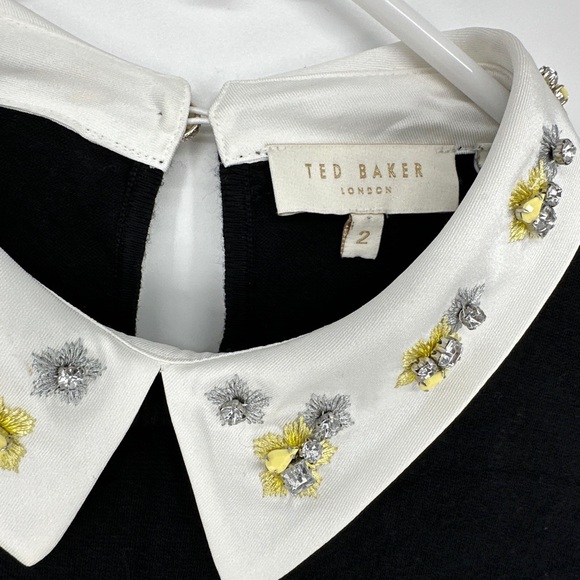 Ted Baker Long Sleeve Black Top with Rhinestone Collar size 2 - Picture 2 of 5